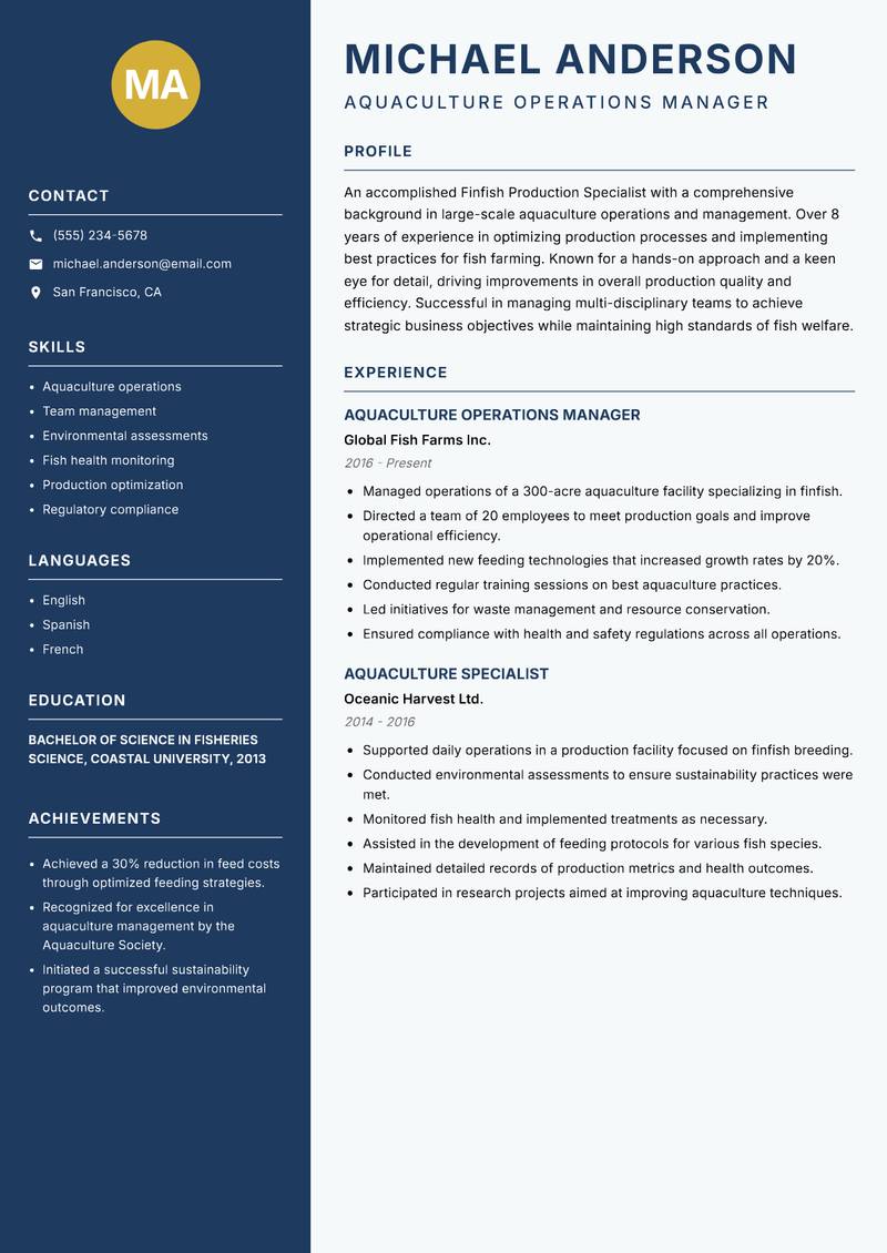Finfish Production Specialist resume sample — Aquaculture Operations Manager focus