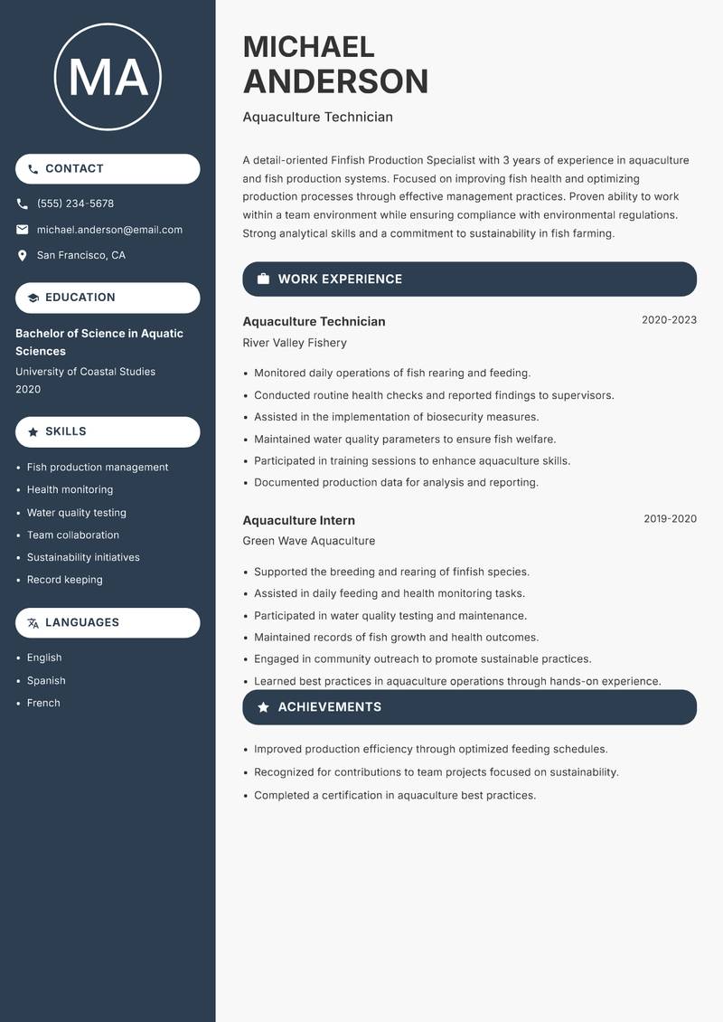 Finfish Production Specialist resume sample — Aquaculture Technician focus