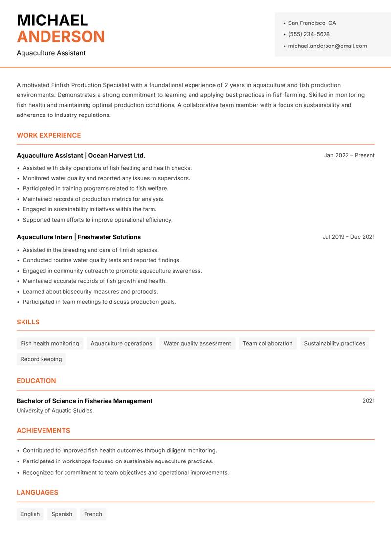 Finfish Production Specialist resume sample — Aquaculture Assistant focus