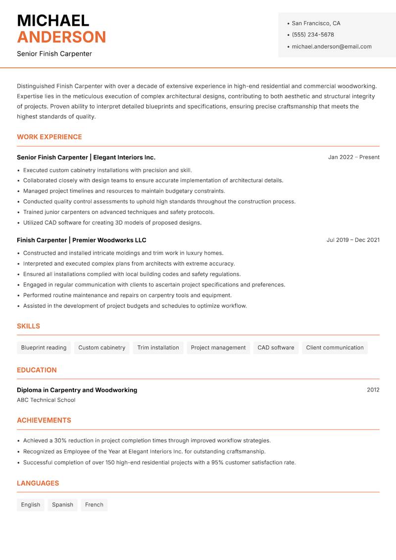 Finish Carpenter resume sample — Senior Finish Carpenter focus
