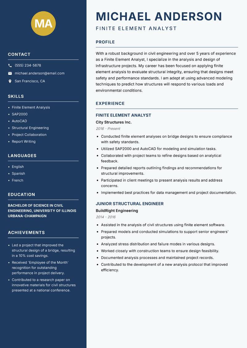 Finite Element Analyst resume sample — Finite Element Analyst focus