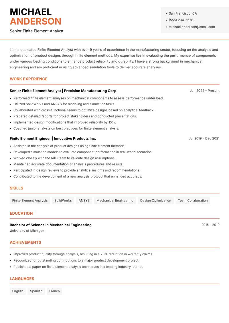 Finite Element Analyst resume sample — Senior Finite Element Analyst focus