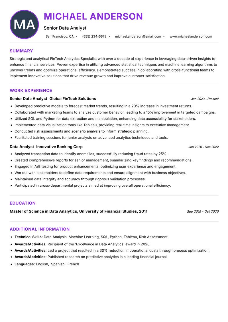 FinTech Analytics Specialist resume example