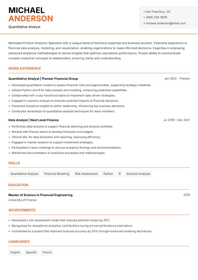 FinTech Analytics Specialist resume sample — Quantitative Analyst focus