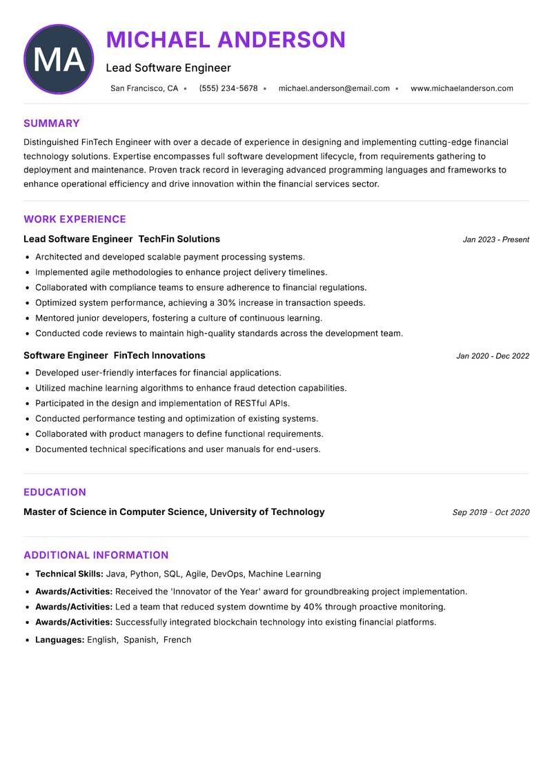 FinTech Engineer resume example
