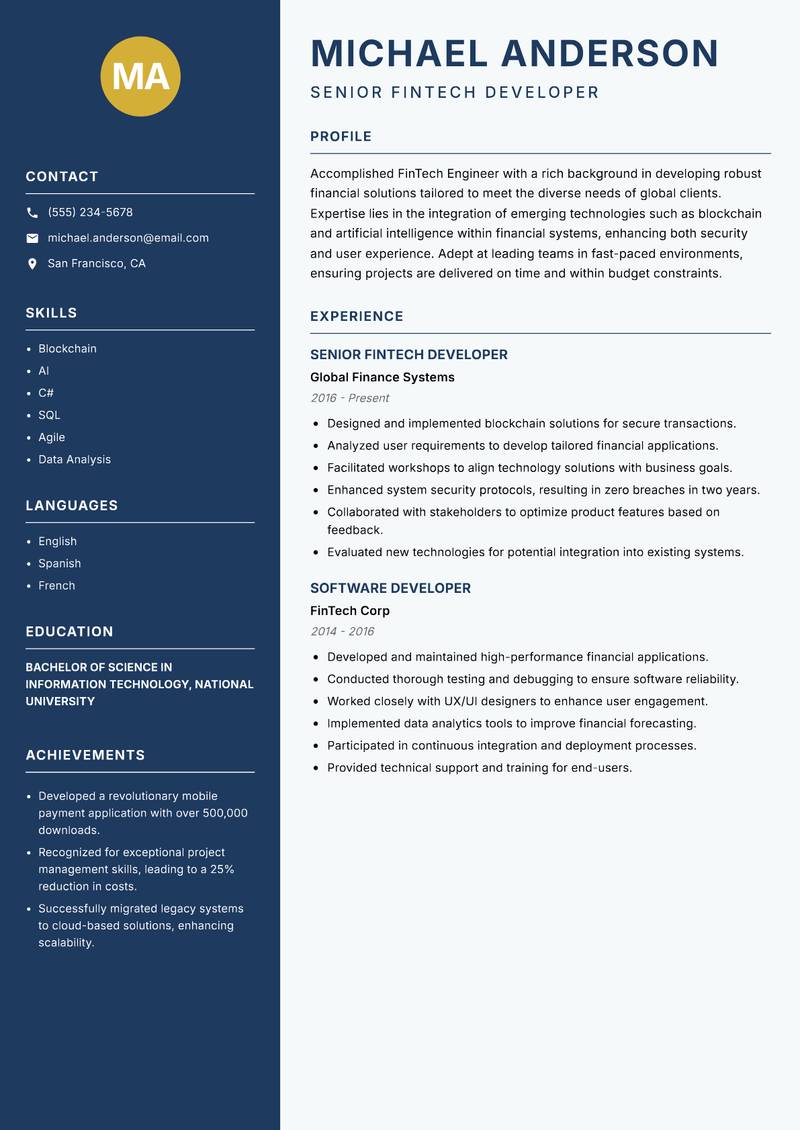 FinTech Engineer resume sample — Senior FinTech Developer focus