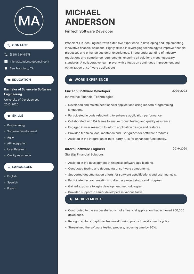 FinTech Engineer resume sample — FinTech Software Developer focus