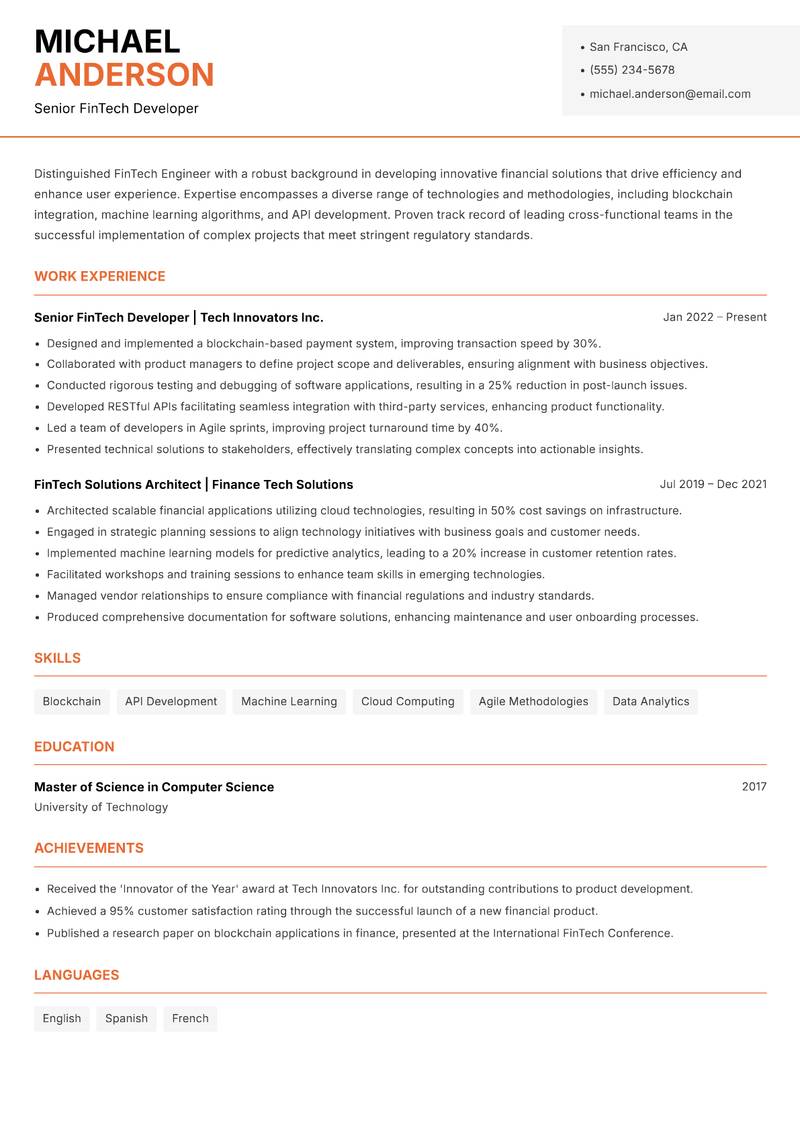 FinTech Engineer resume sample — Senior FinTech Developer focus
