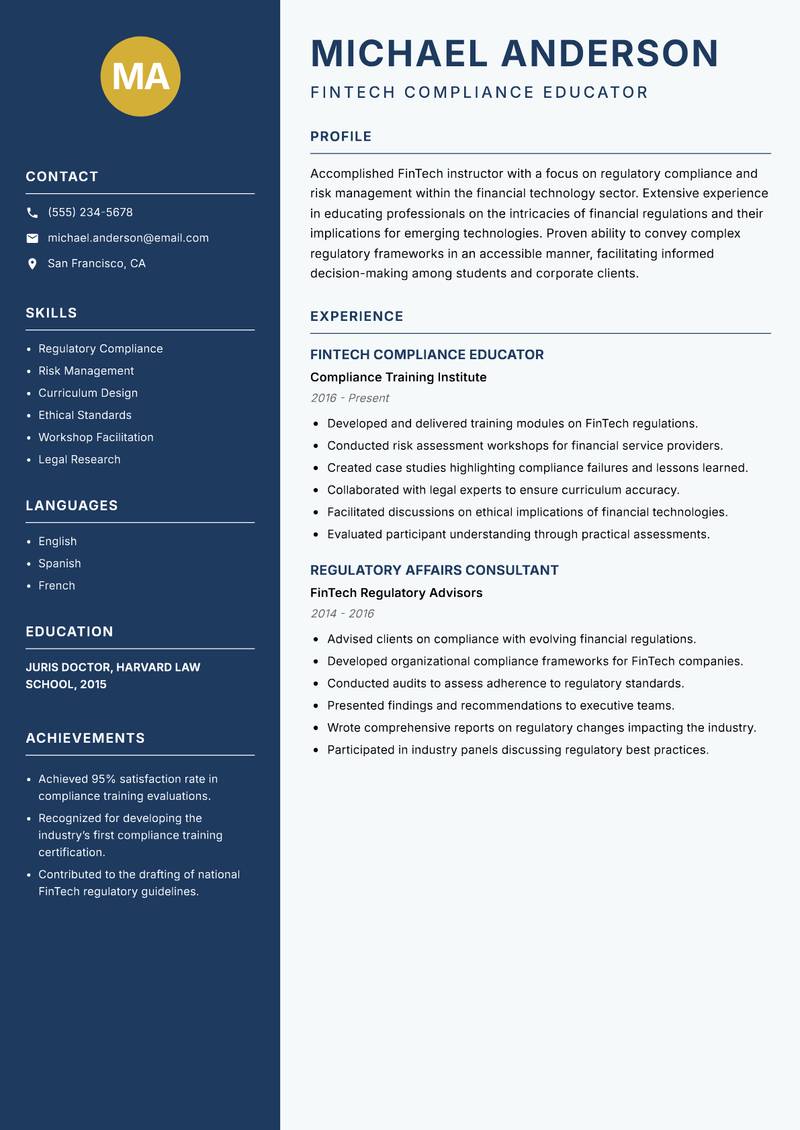 FinTech Instructor resume sample — FinTech Compliance Educator focus