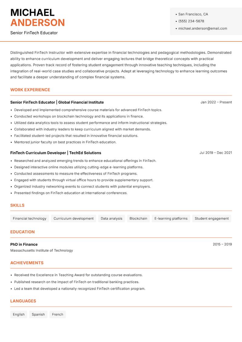 FinTech Instructor resume sample — Senior FinTech Educator focus