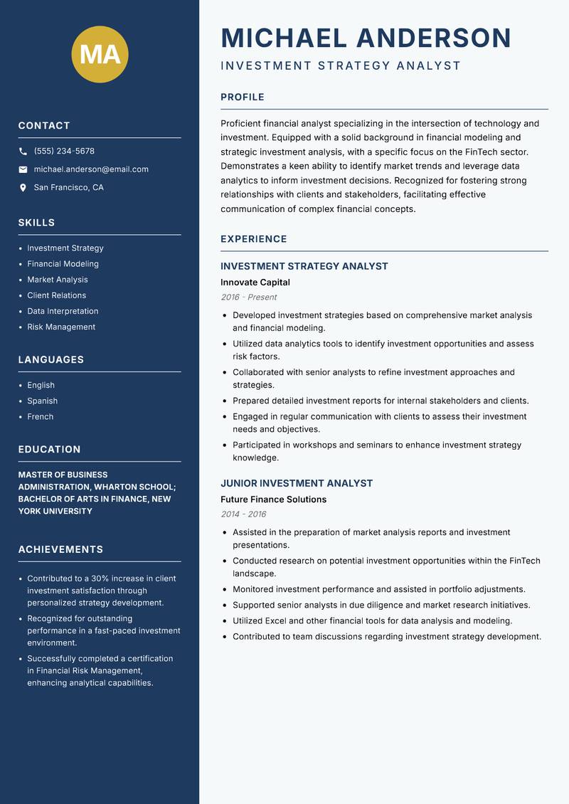 FinTech Investment Analyst resume sample — Investment Strategy Analyst focus