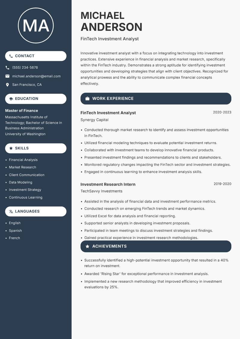 FinTech Investment Analyst resume sample — FinTech Investment Analyst focus