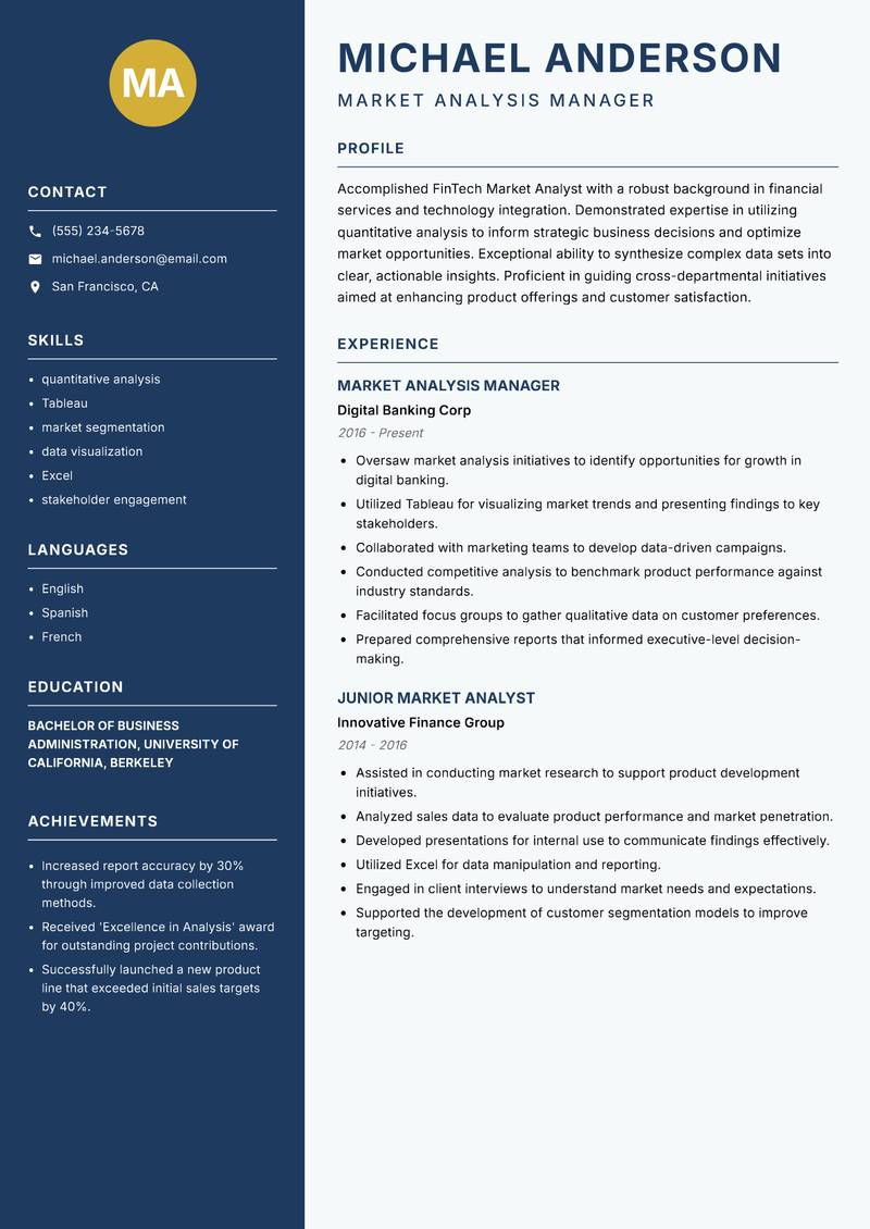 FinTech Market Analyst resume sample — Market Analysis Manager focus
