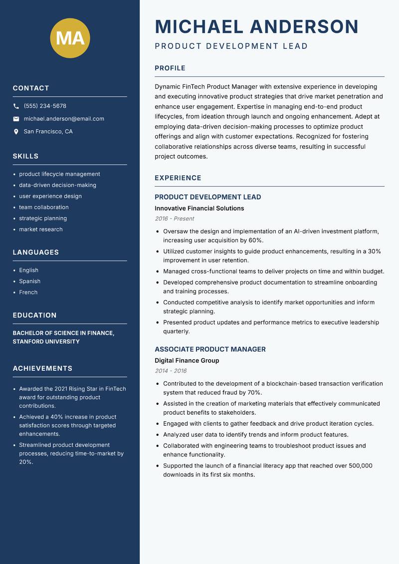 FinTech Product Manager resume sample — Product Development Lead focus