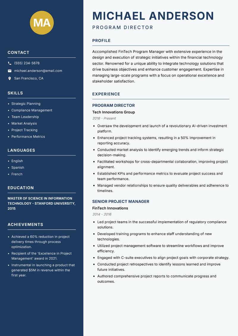 FinTech Program Manager resume sample — Program Director focus