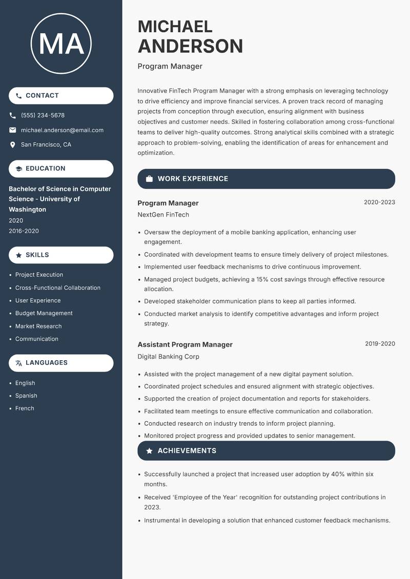 FinTech Program Manager resume sample — Program Manager focus