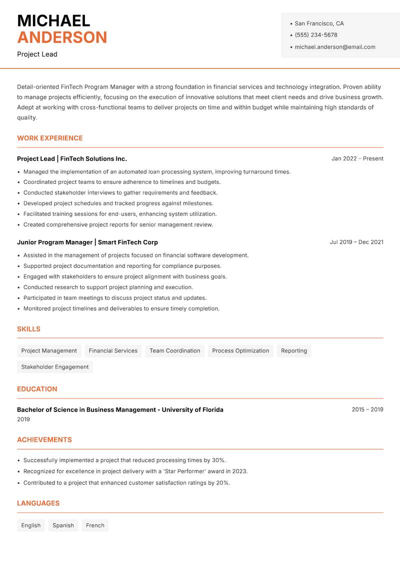 FinTech Program Manager resume sample — Project Lead focus