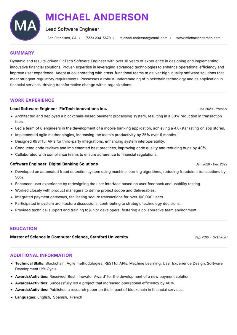 FinTech Software Engineer resume example