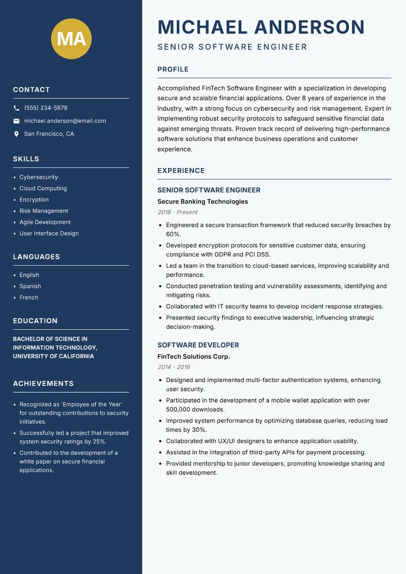 FinTech Software Engineer resume sample — Senior Software Engineer focus