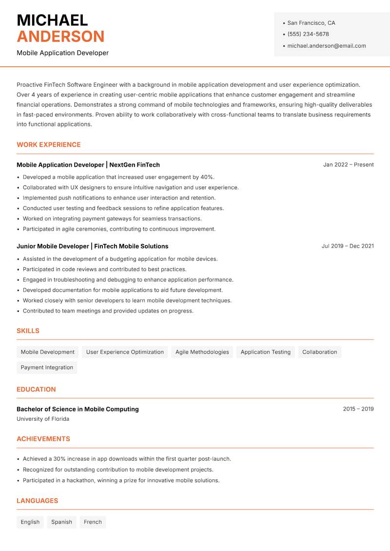 FinTech Software Engineer resume sample — Mobile Application Developer focus