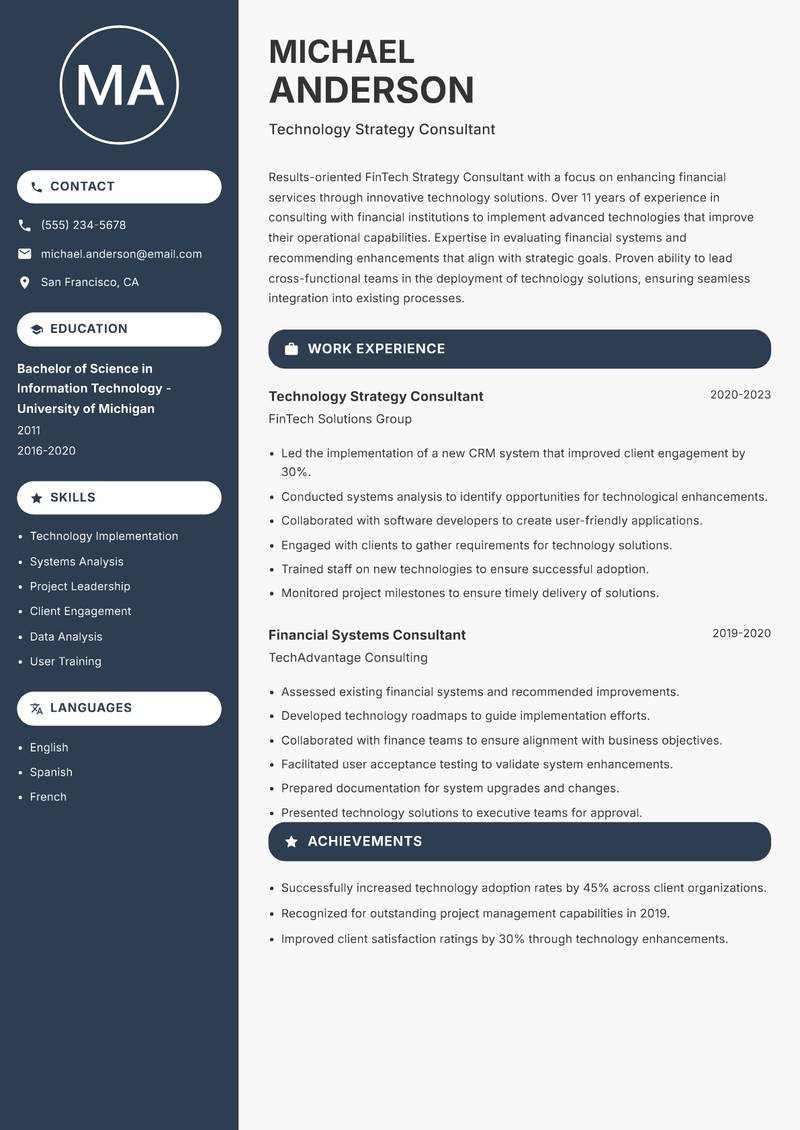 FinTech Strategy Consultant resume sample — Technology Strategy Consultant focus