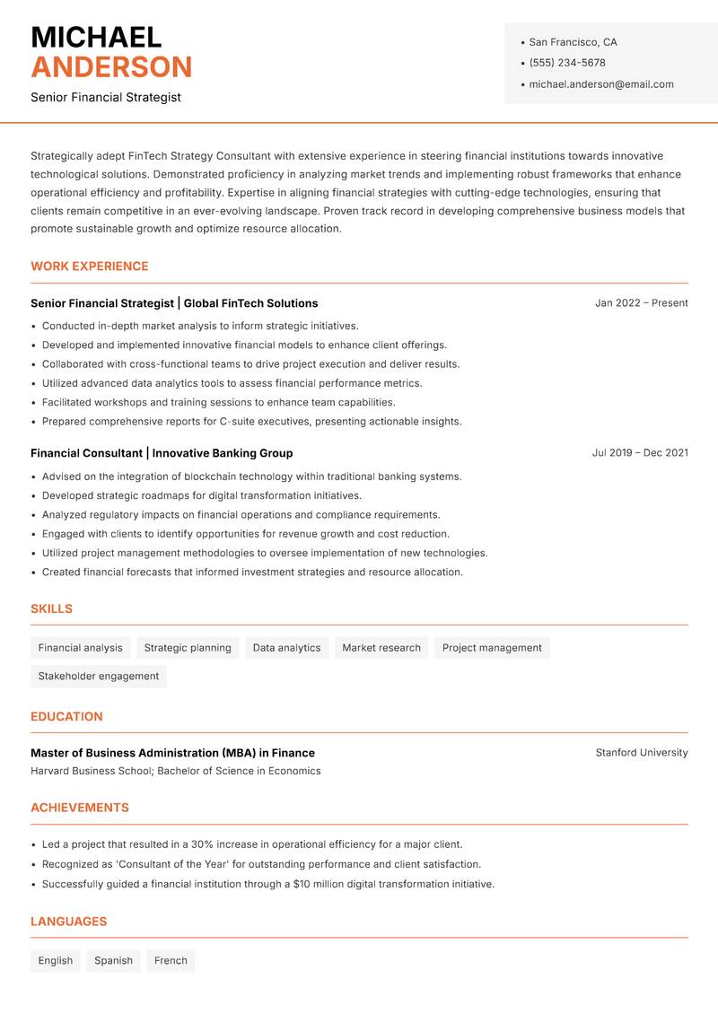 FinTech Strategy Consultant resume sample — Senior Financial Strategist focus