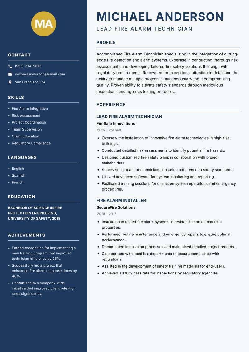 Fire Alarm Technician resume sample — Lead Fire Alarm Technician focus