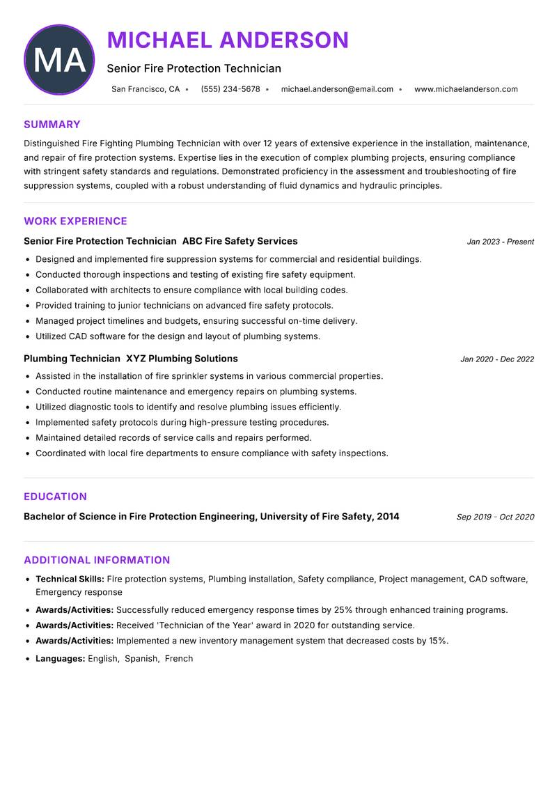 Fire Fighting Plumbing Technician resume example