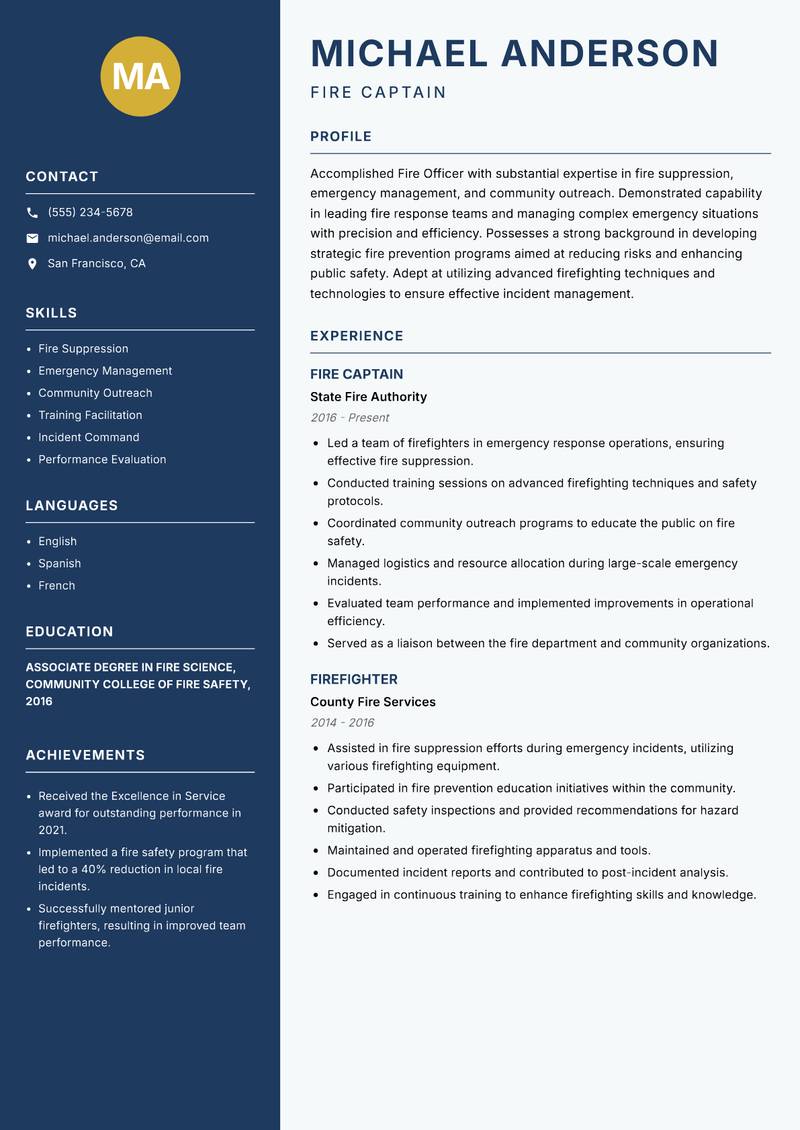 Fire Officer resume sample — Fire Captain focus