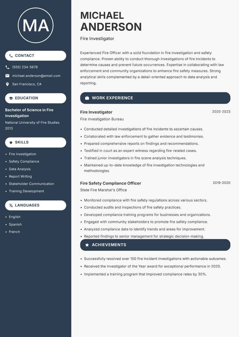 Fire Officer resume sample — Fire Investigator focus