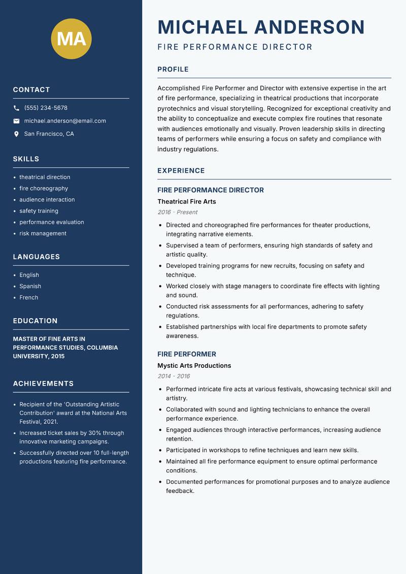 Fire Performer resume sample — Fire Performance Director focus