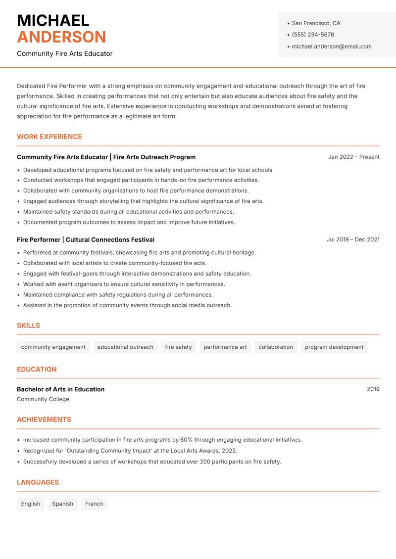 Fire Performer resume sample — Community Fire Arts Educator focus