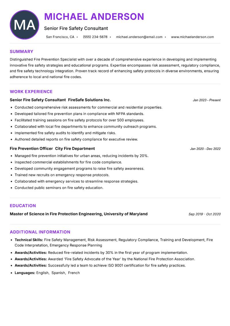 Fire Prevention Specialist resume example