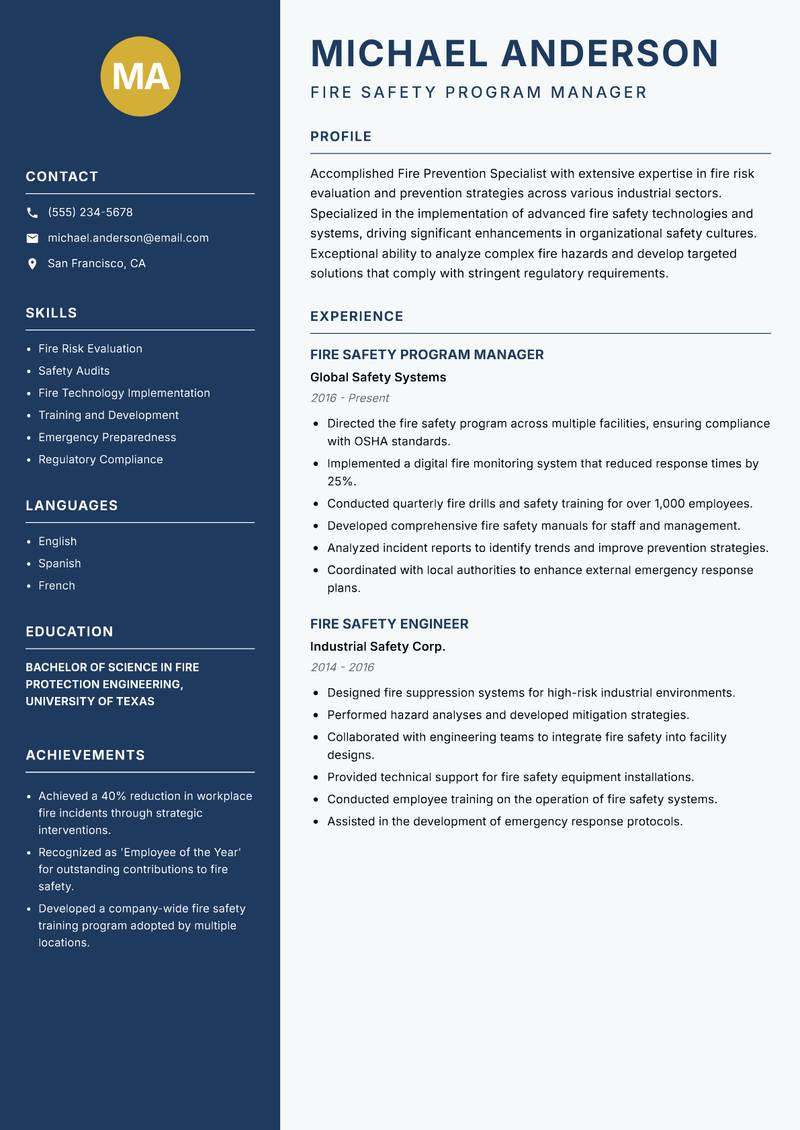 Fire Prevention Specialist resume sample — Fire Safety Program Manager focus