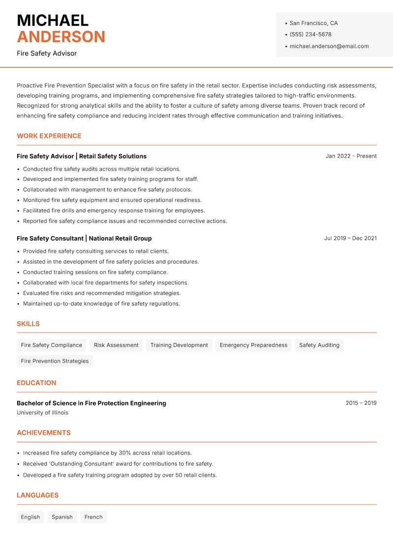 Fire Prevention Specialist resume sample — Fire Safety Advisor focus