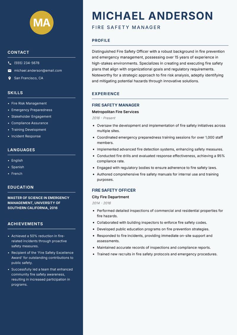 Fire Safety Officer resume sample — Fire Safety Manager focus