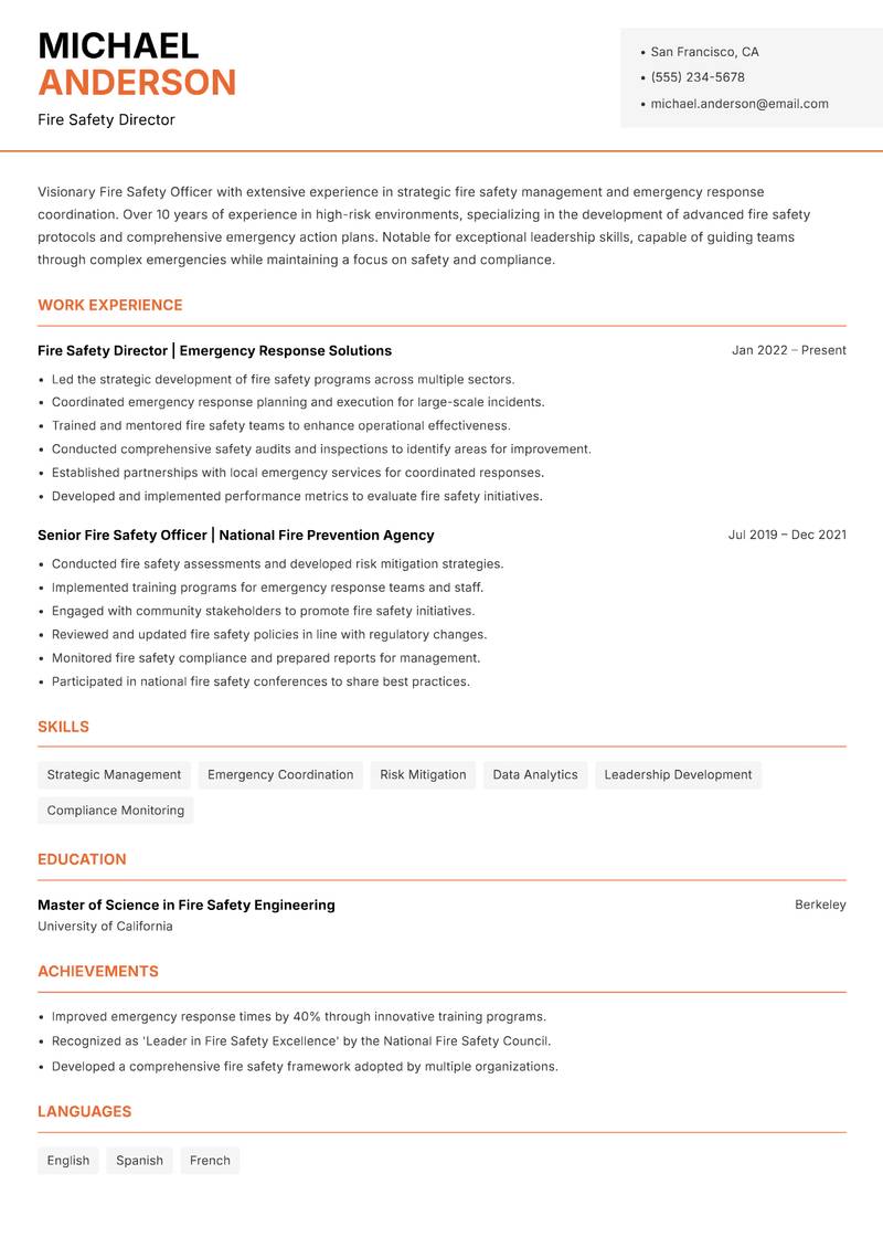 Fire Safety Officer resume sample — Fire Safety Director focus