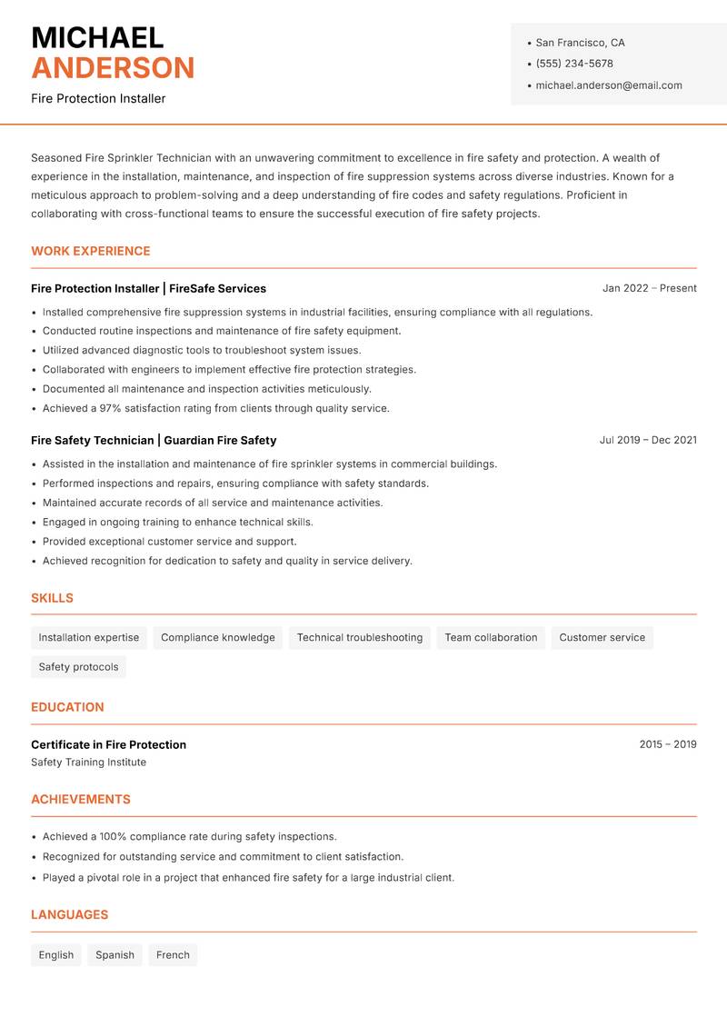 Fire Sprinkler Technician resume sample — Fire Protection Installer focus