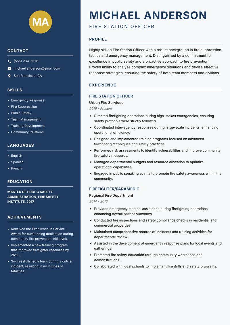 Fire Station Officer resume sample — Fire Station Officer focus