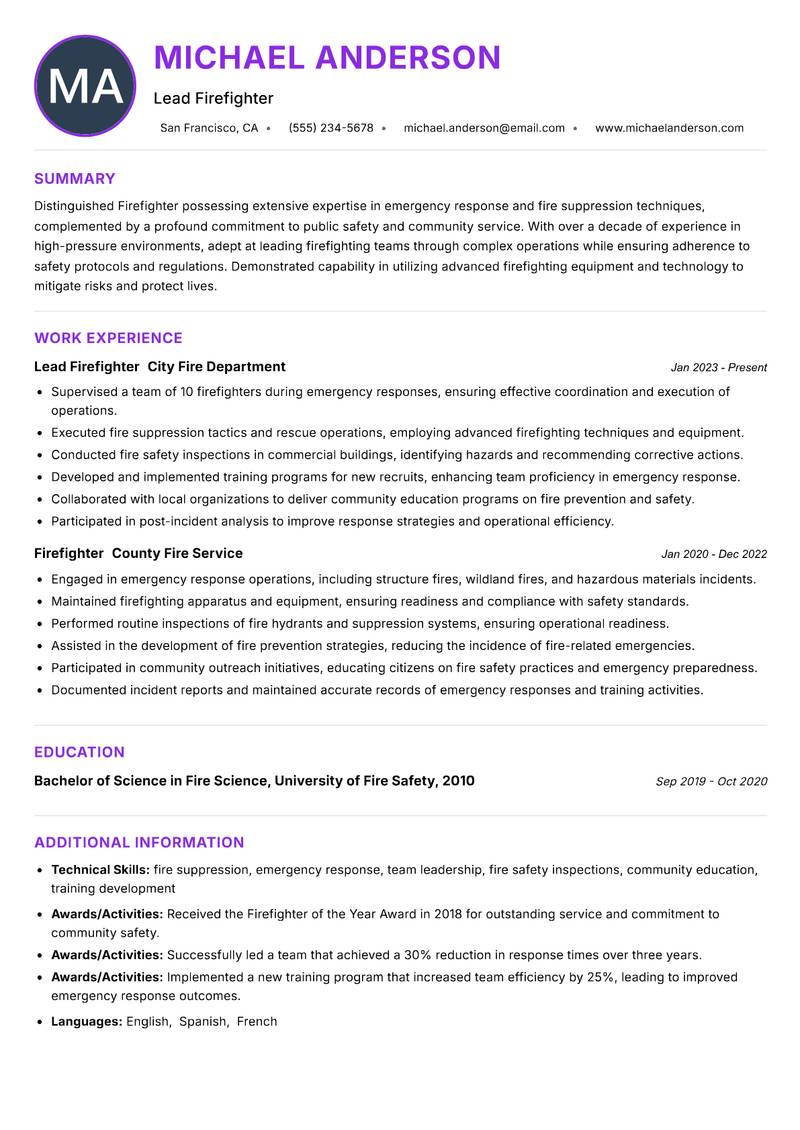 Firefighter resume example