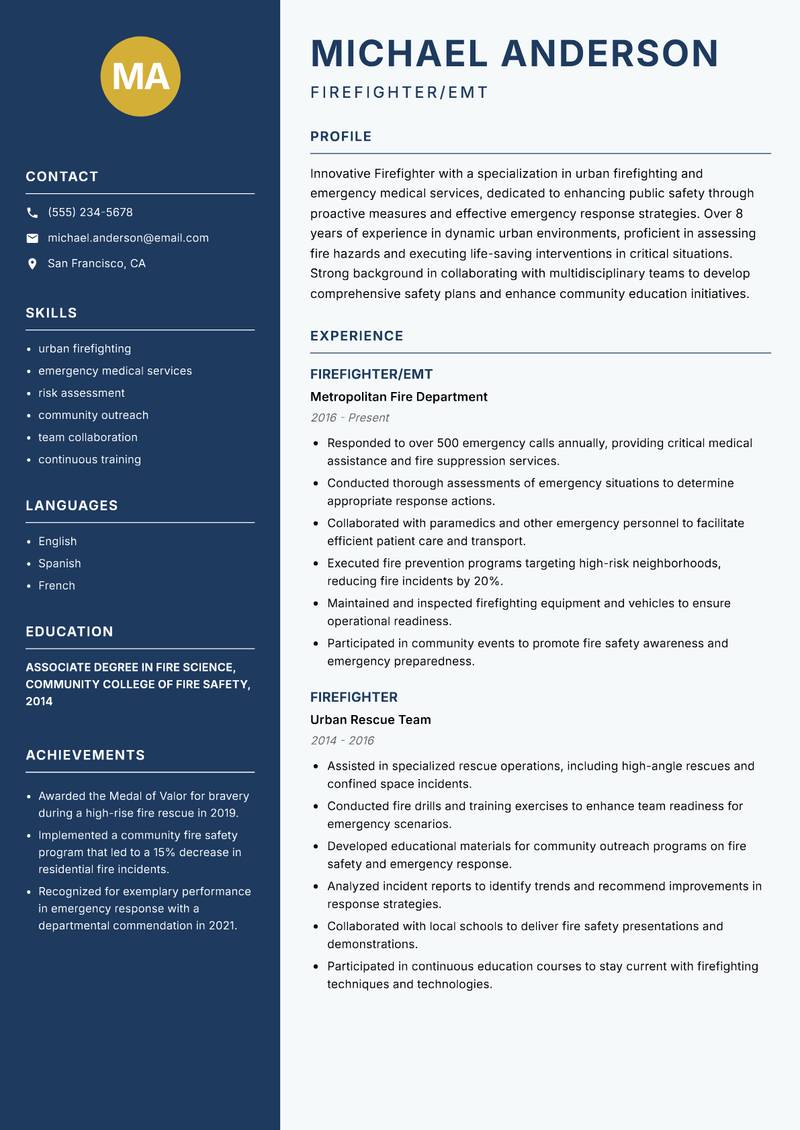 Firefighter resume sample — Firefighter/EMT focus