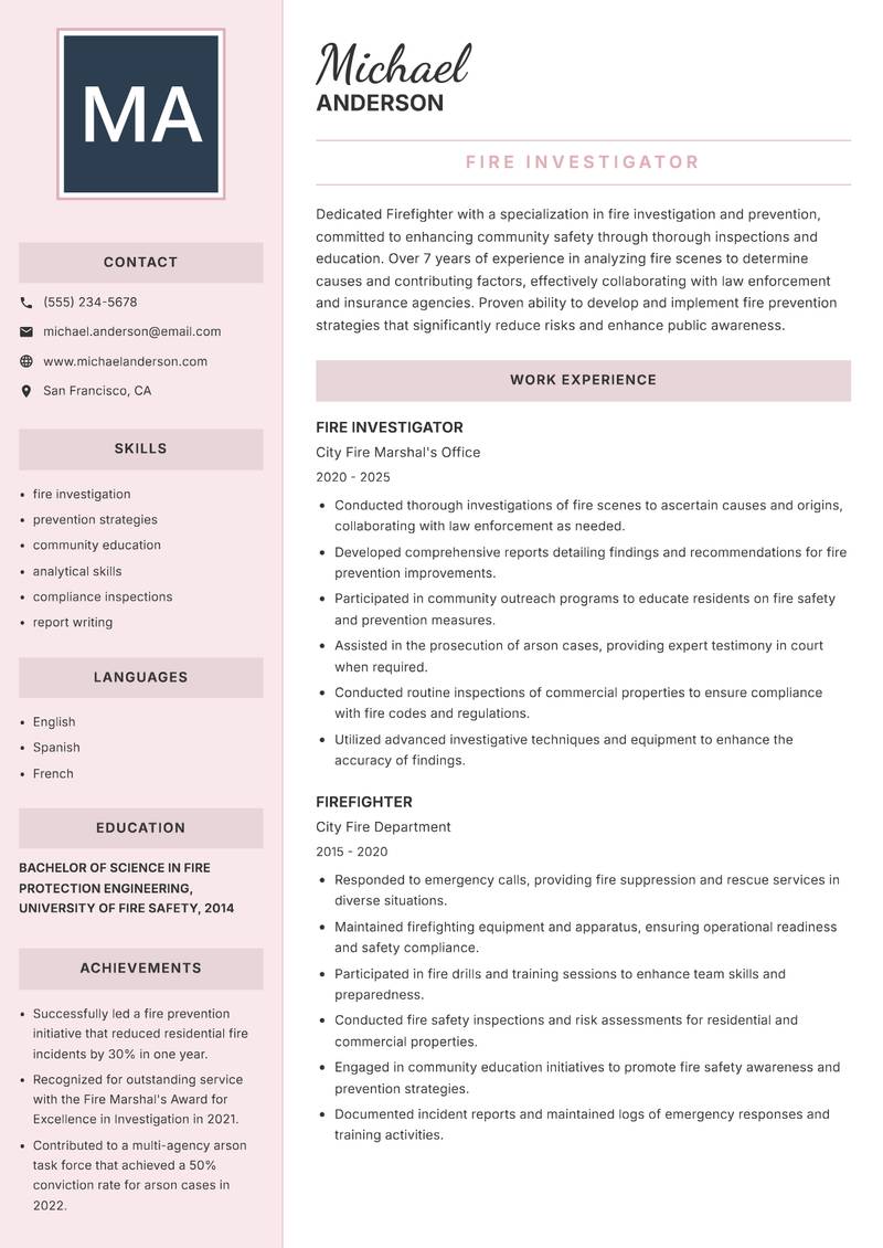 Firefighter resume sample — Fire Investigator focus