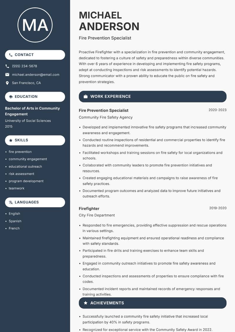 Firefighter resume sample — Fire Prevention Specialist focus