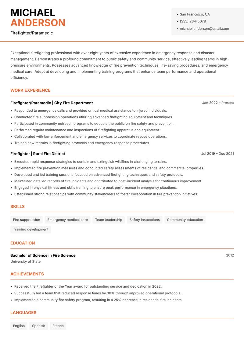 Firefighter resume sample — Firefighter/Paramedic focus