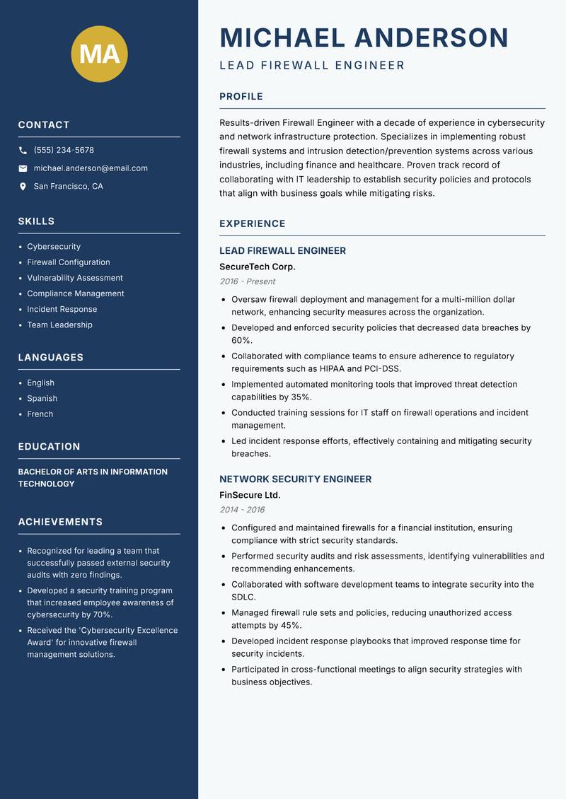 Firewall Engineer resume sample — Lead Firewall Engineer focus