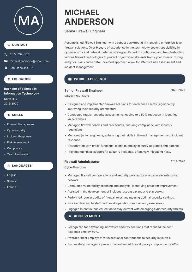 Firewall Engineer resume sample — Senior Firewall Engineer focus