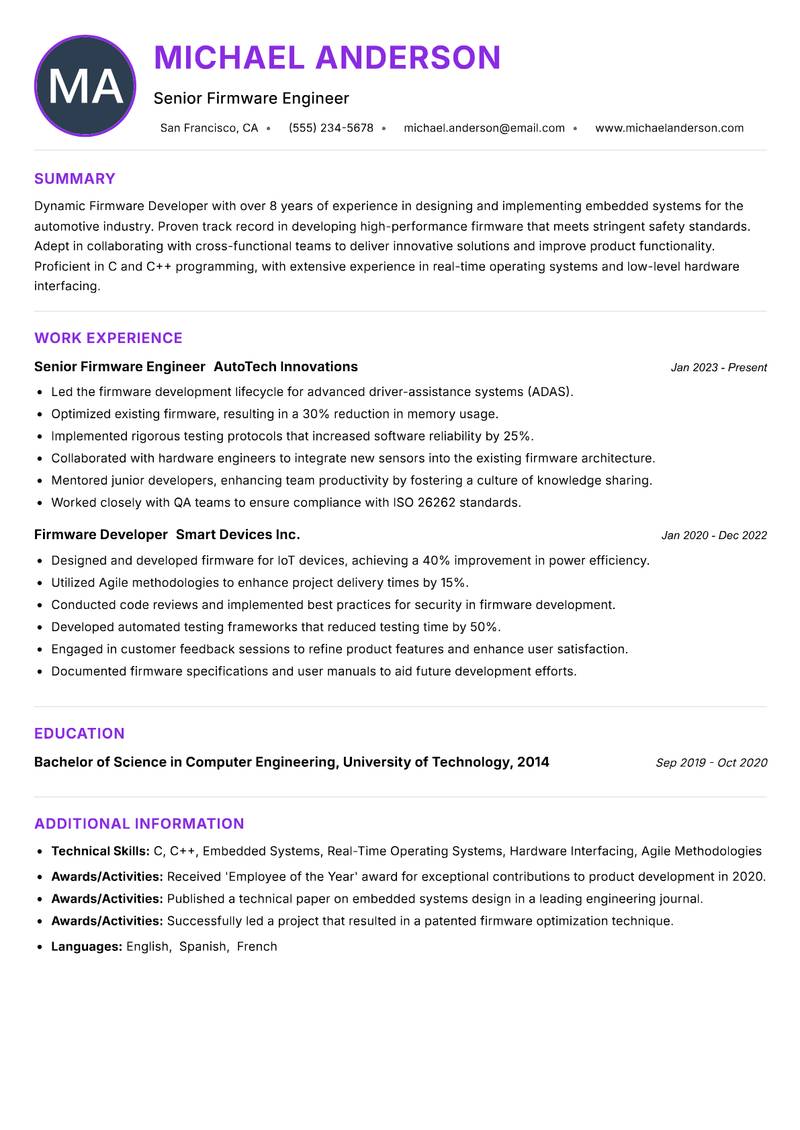 Firmware Developer resume example