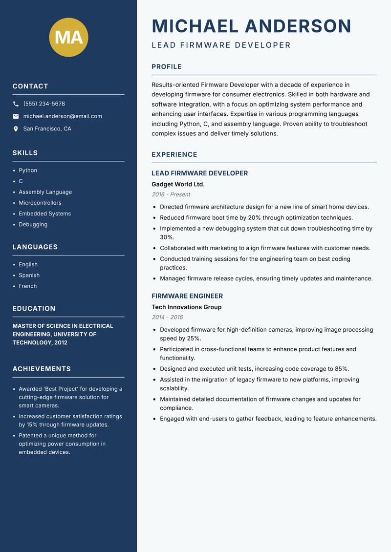 Firmware Developer resume sample — Lead Firmware Developer focus