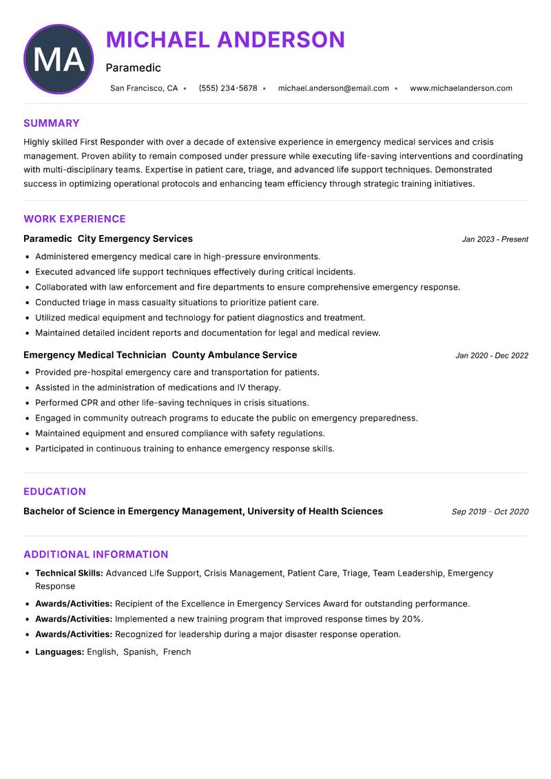 First Responder resume example