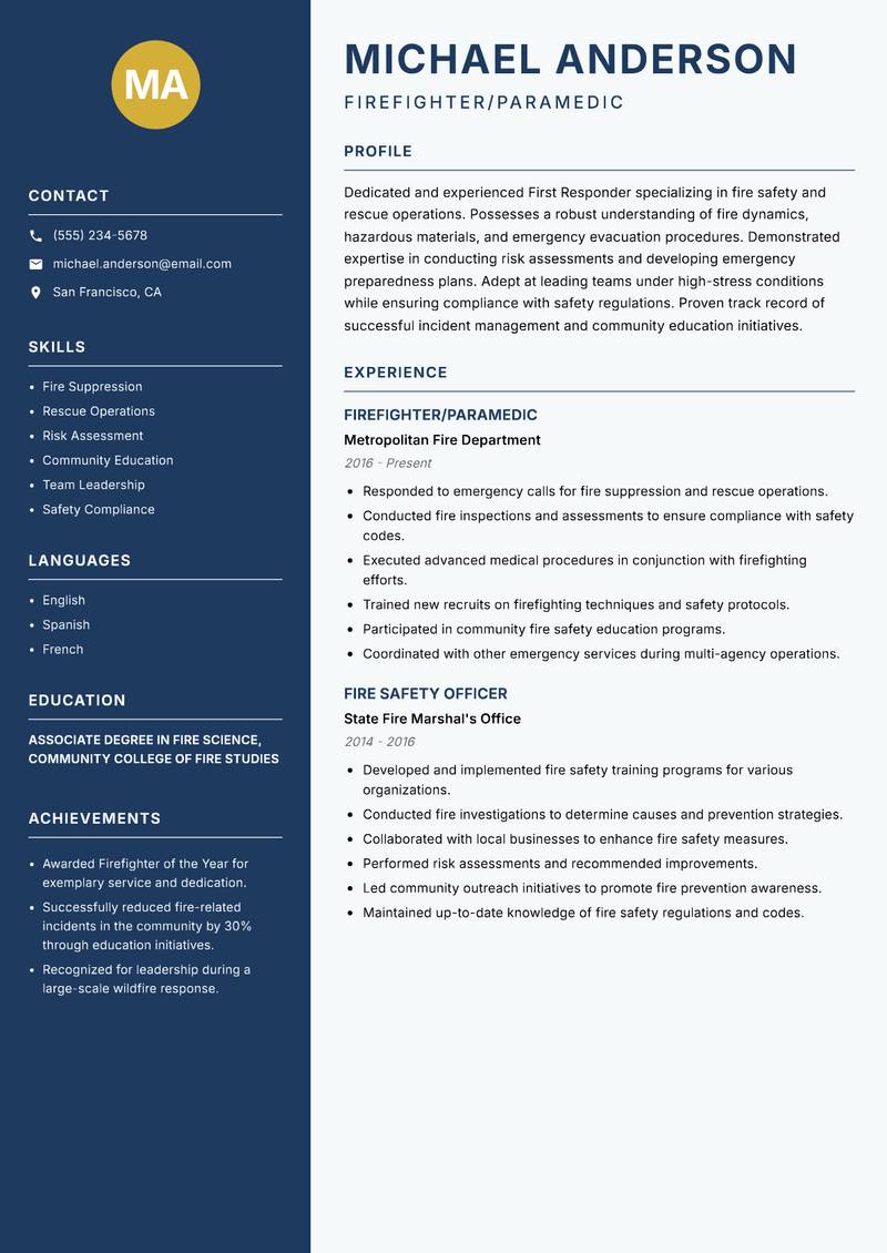 First Responder resume sample — Firefighter/Paramedic focus